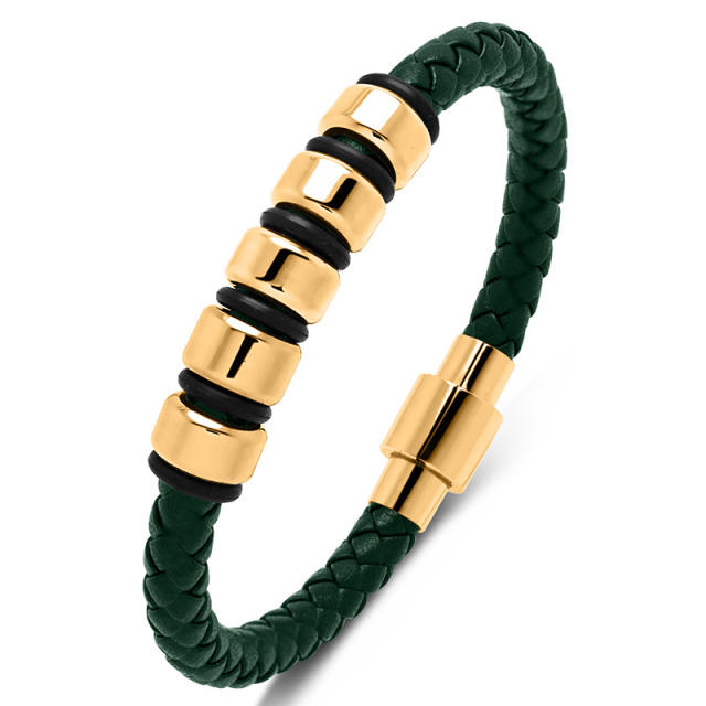 Hiphop braid pu leather stainless steel rolling bead bracelet for men