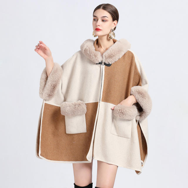 Winter warm imitation rabbit hair plaid pattern women shawl coat