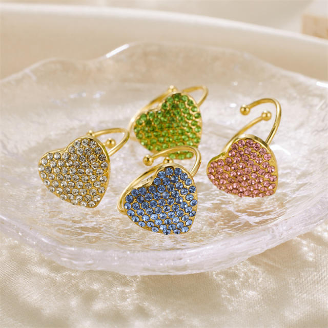 INS pave setting colorful rhinestone heart stainless steel finger rings