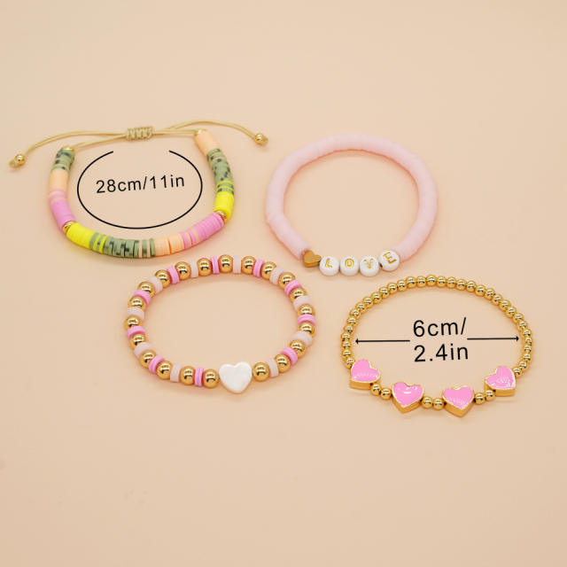 4PCS Beach trend clay bead heart bracelet set