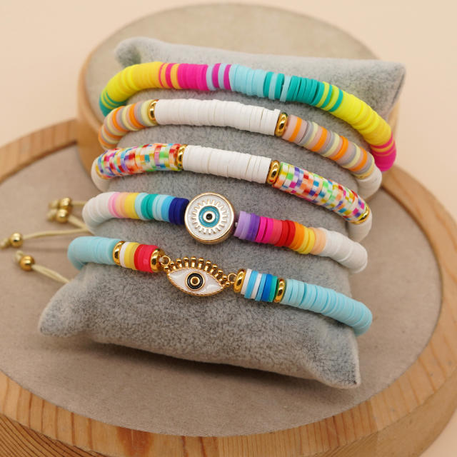 Boho colorful clay bead evil eye bracelet set