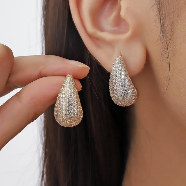 Delicate chunky tear drop pave setting rhinestone copper earrings