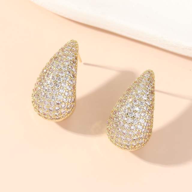 Delicate chunky tear drop pave setting rhinestone copper earrings