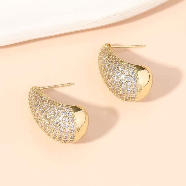 Delicate chunky tear drop pave setting rhinestone copper earrings