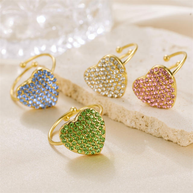 INS pave setting colorful rhinestone heart stainless steel finger rings