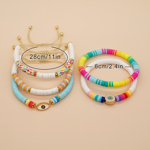 Boho colorful clay bead evil eye bracelet set