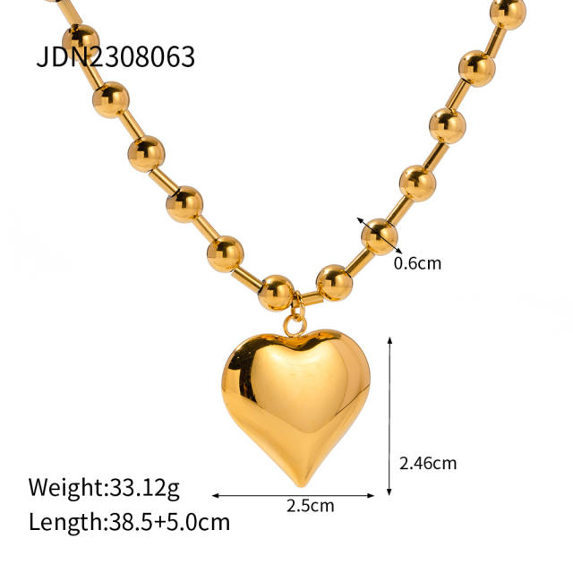 Chunky smooth bead chain heart pendant stainless steel necklace bracelet set