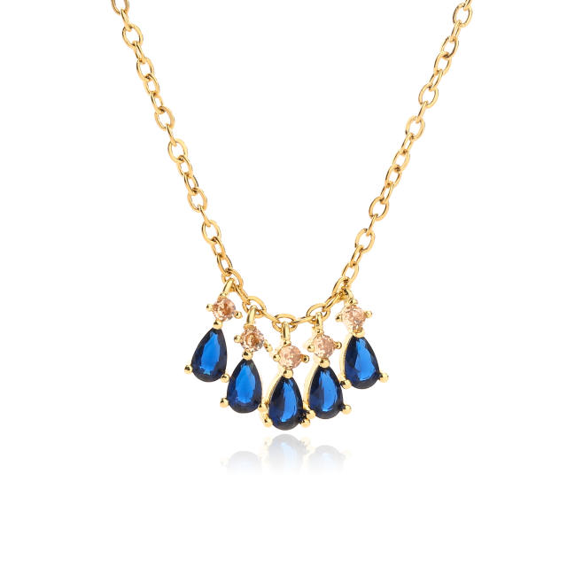 Delicate colorful drop cubic zircon tassel gold plated copper necklace for women