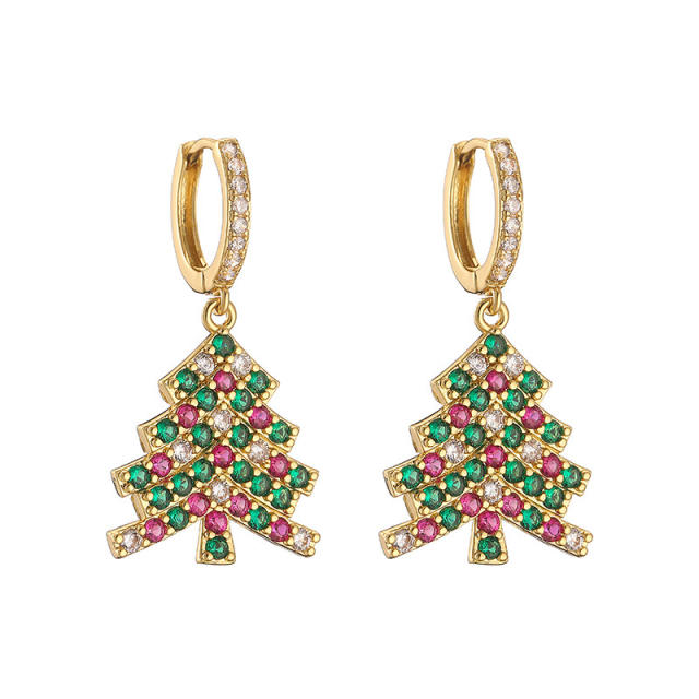 Delicate diamond chrismtas tree bell design gold plated copper huggie earrings