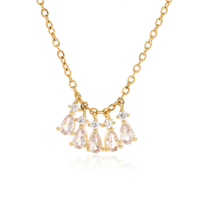 Delicate colorful drop cubic zircon tassel gold plated copper necklace for women