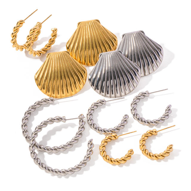 Vintage shell design twisted hoop stainless steel earrings