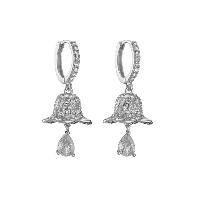 Delicate diamond chrismtas tree bell design gold plated copper huggie earrings