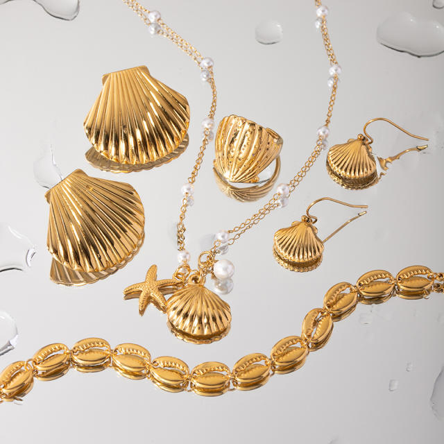 Ocean series shell design stainless steel necklace earrings rings set