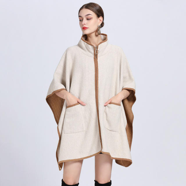 Elegant plain color loose zipper shawl coat for women