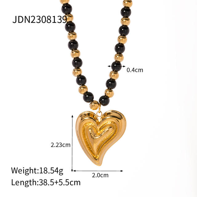 18KG black agate beads heart pendant stainless steel necklace