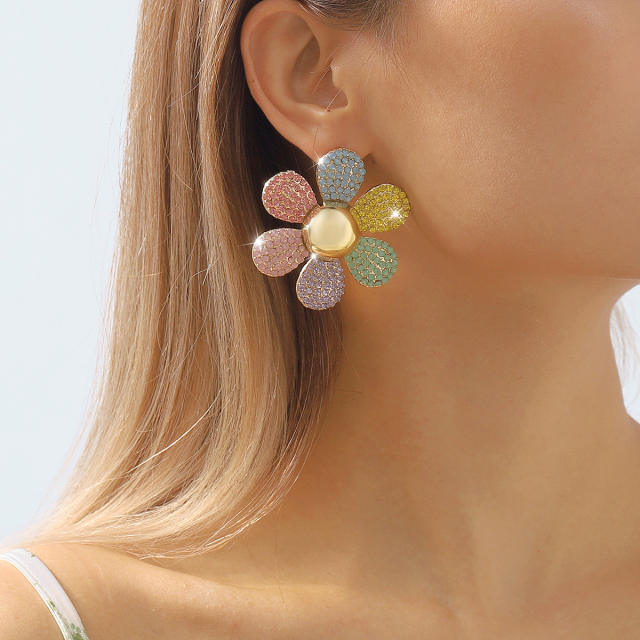 Elegant colorful diamond pave setting sunflower earrings for women