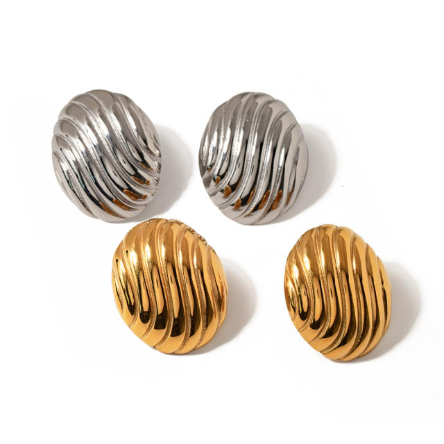 18KG oval shape striped pattern stainless steel earrings