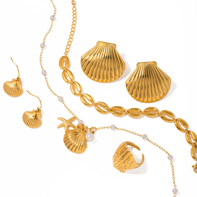 Ocean series shell design stainless steel necklace earrings rings set