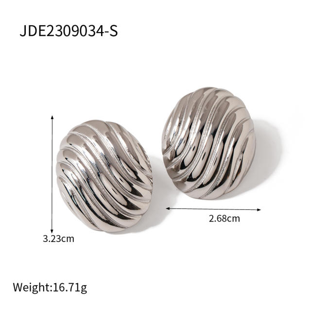 18KG oval shape striped pattern stainless steel earrings