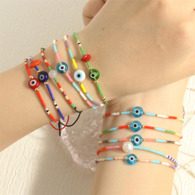 INS boho rainbow color seed bead evil eye theme bracelet beach bracelet