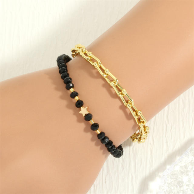 Vintage black color agate bead gold plated copper chain necklace bracelet set