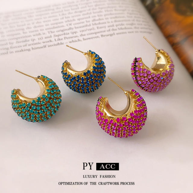 Luxury rose green rhinestone pave setting chunky hoop earrings for women