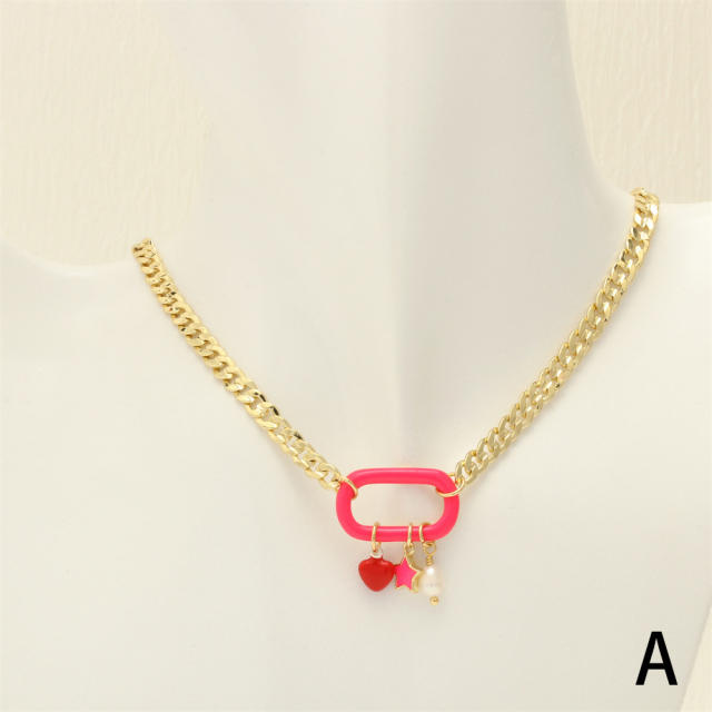 Y2K color enamel safety buckle gold plated copper chain necklace bracelet earrings set