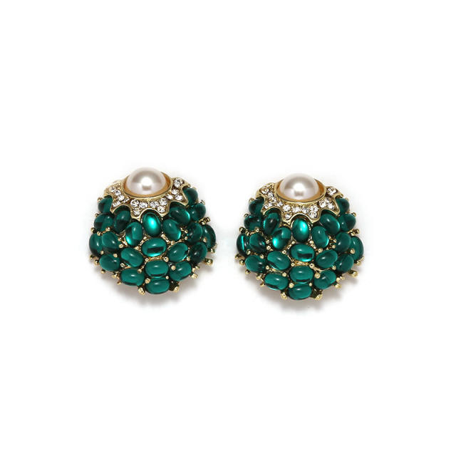 Vintage baroque trend green color opal stone pearl bead studs earrings for women