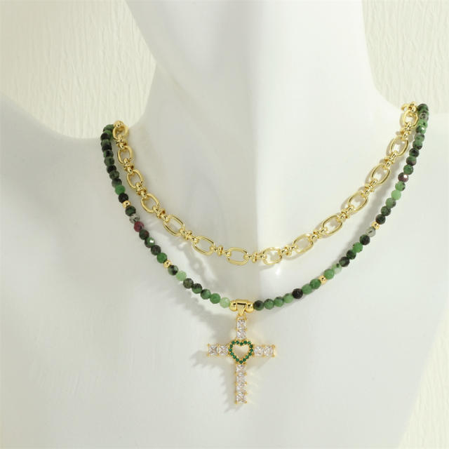 Boho green color bead diamond cross pendant necklace earrings set