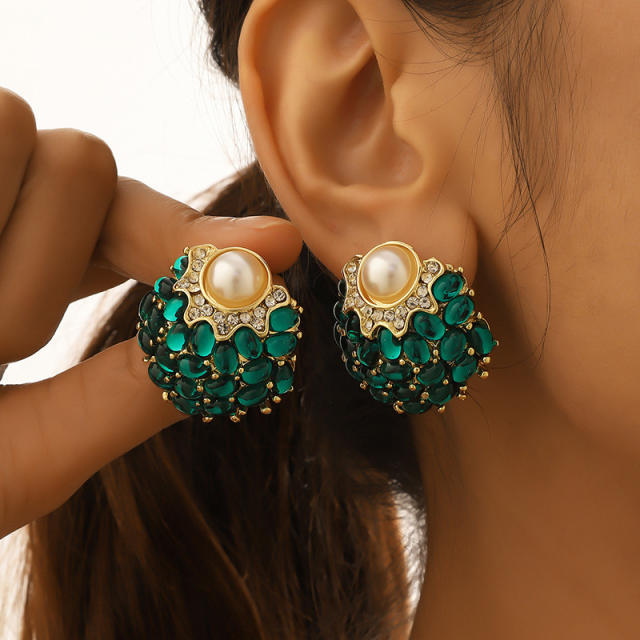 Vintage baroque trend green color opal stone pearl bead studs earrings for women