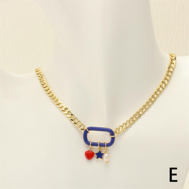 Y2K color enamel safety buckle gold plated copper chain necklace bracelet earrings set