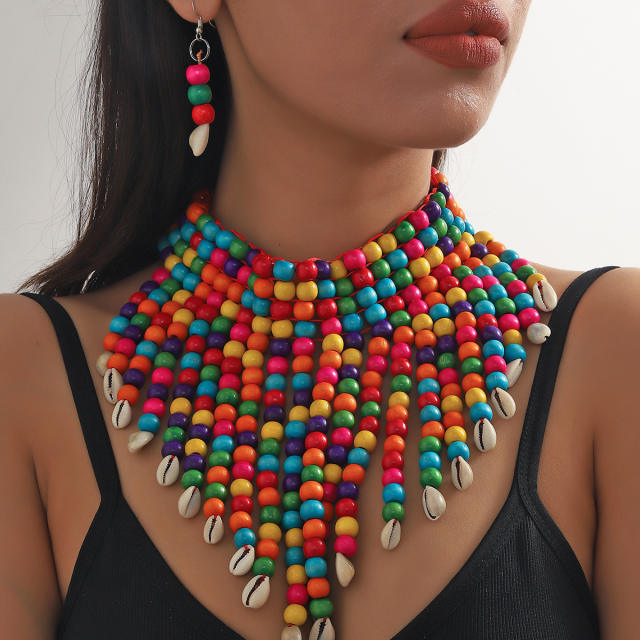 Africa trend colorful wood bead tassel necklace for women