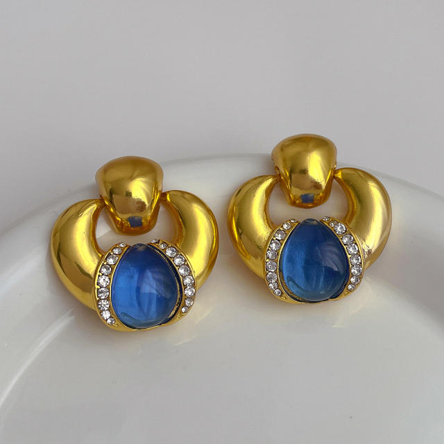 Vintage sapphire blue opal stone statement chunky copper earrings