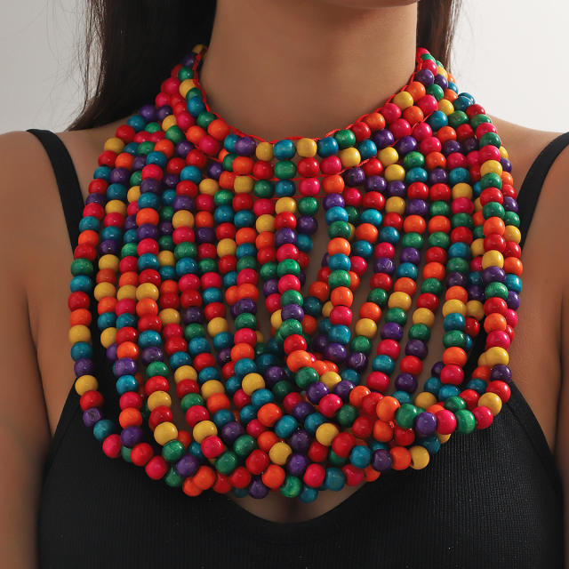 Africa trend colorful wood bead tassel necklace for women