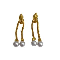 Vintage gold plated copper chain tassel pearl bead women earrings