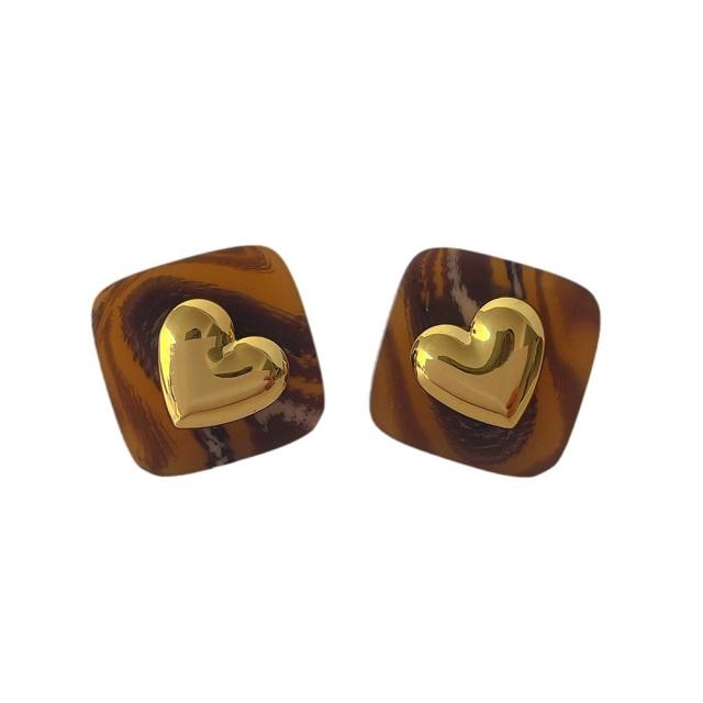 925 needle gold color heart acrylic square studs earrings
