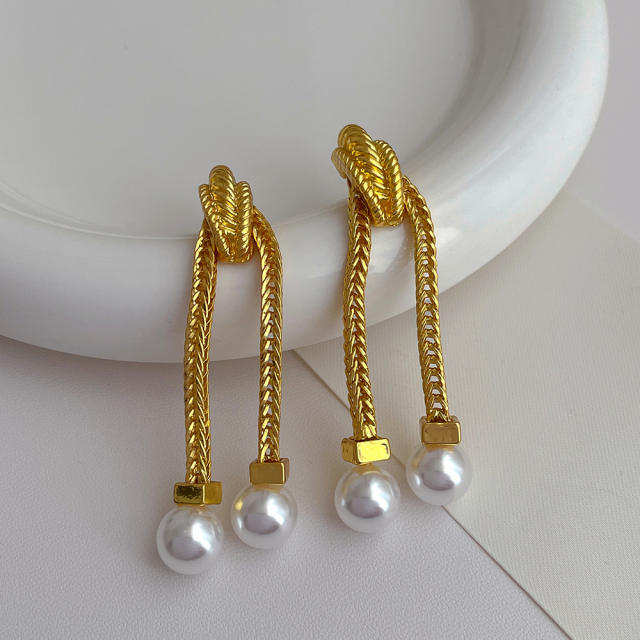 Vintage gold plated copper chain tassel pearl bead women earrings