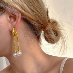Vintage gold plated copper chain tassel pearl bead women earrings