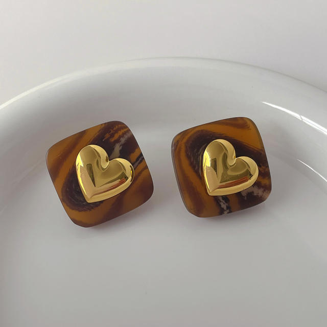 925 needle gold color heart acrylic square studs earrings