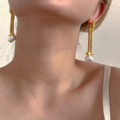 Vintage gold plated copper chain tassel pearl bead women earrings