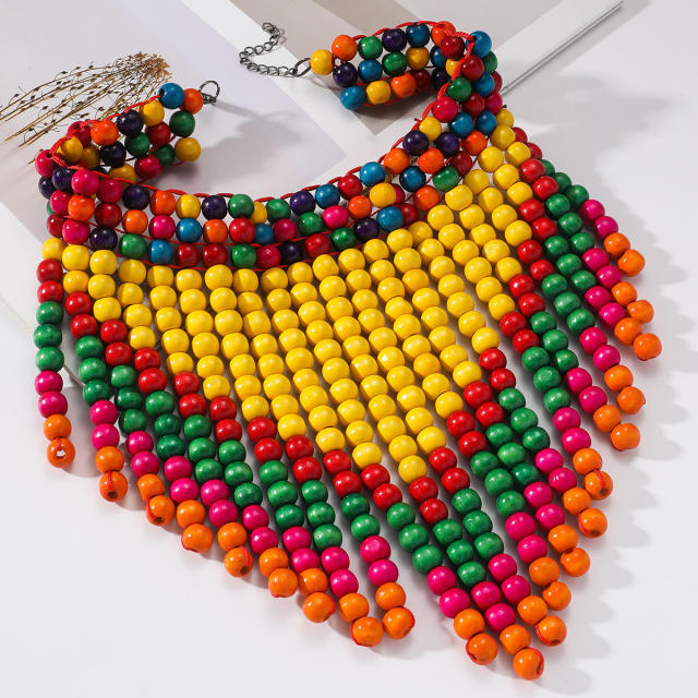 Africa trend colorful wood bead tassel necklace for women