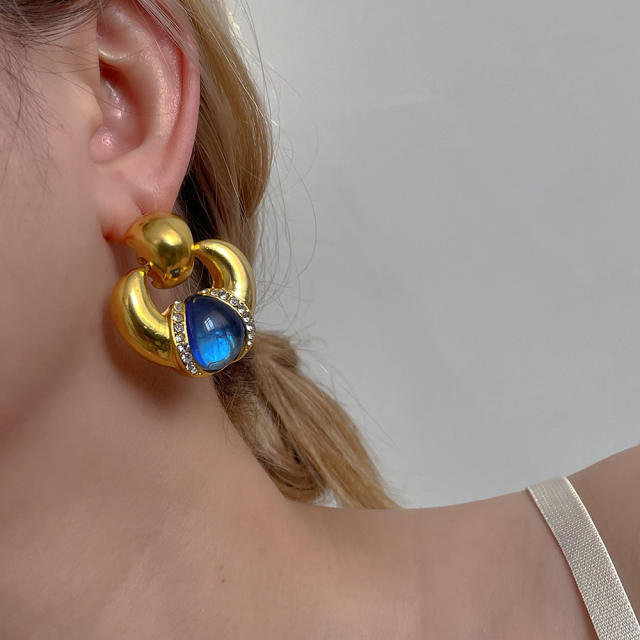 Vintage sapphire blue opal stone statement chunky copper earrings