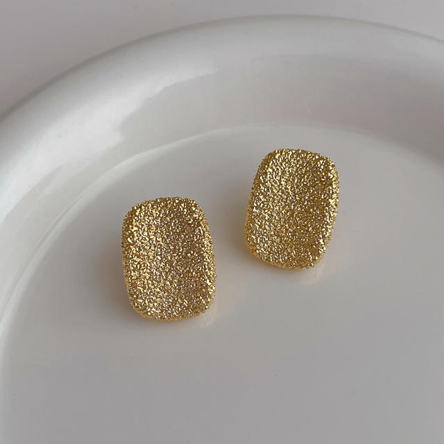 Vintage frosted design geometric shape gold plated copper studs earrings