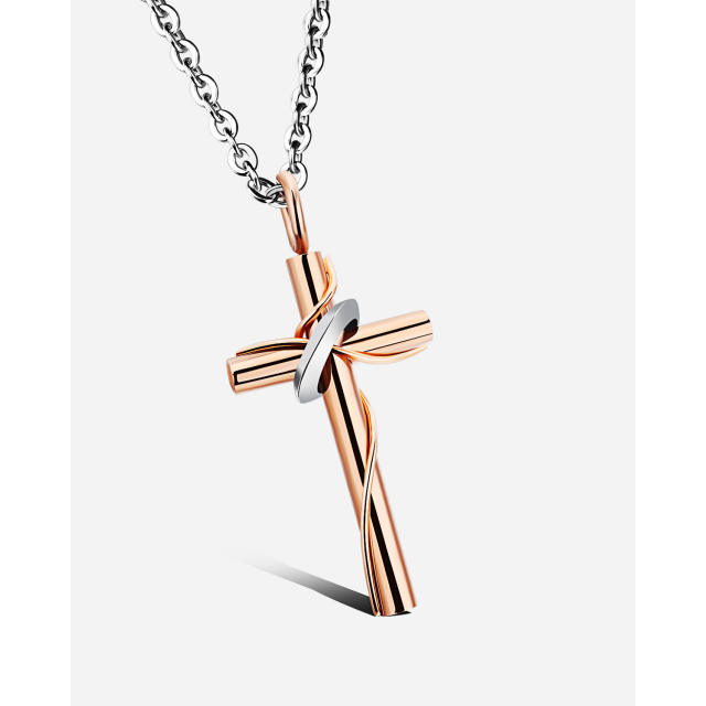 Vintage two tone rose gold color cross pendant stainless steel necklace