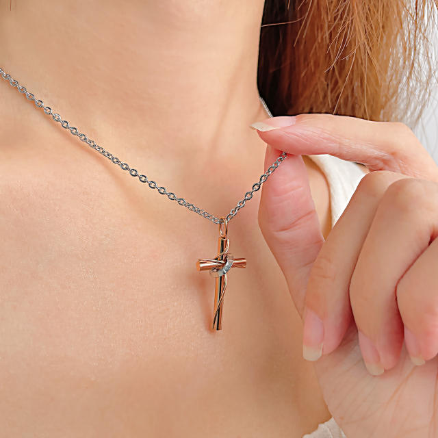 Vintage two tone rose gold color cross pendant stainless steel necklace