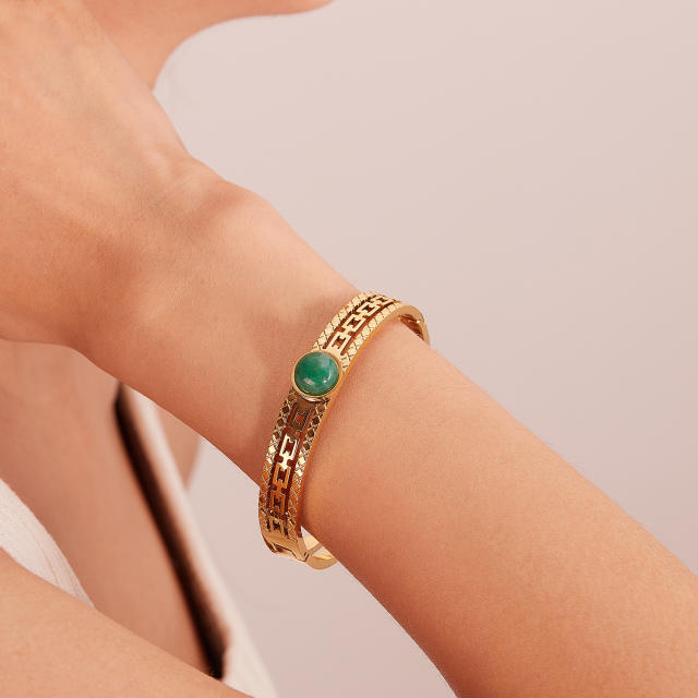 Vintage green color natural stone statement stainless steel bangle bracelet
