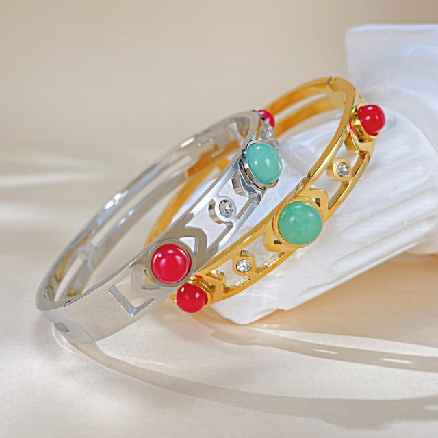 Vintage hollow out colorful natural stone cubic zircon stainless steel bangle bracelet