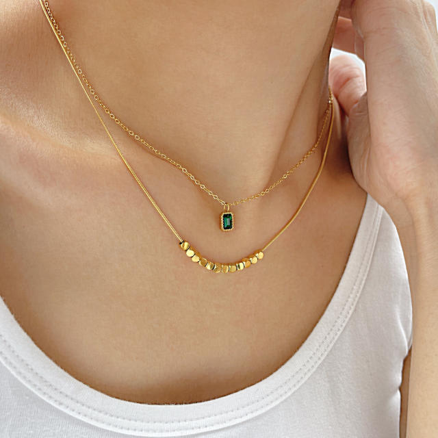 Delicate emerald block pendant two layer stainless steel necklace