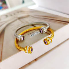 Elegant gold silver color wireless stainless steel cuff bangle with color cubic zircon