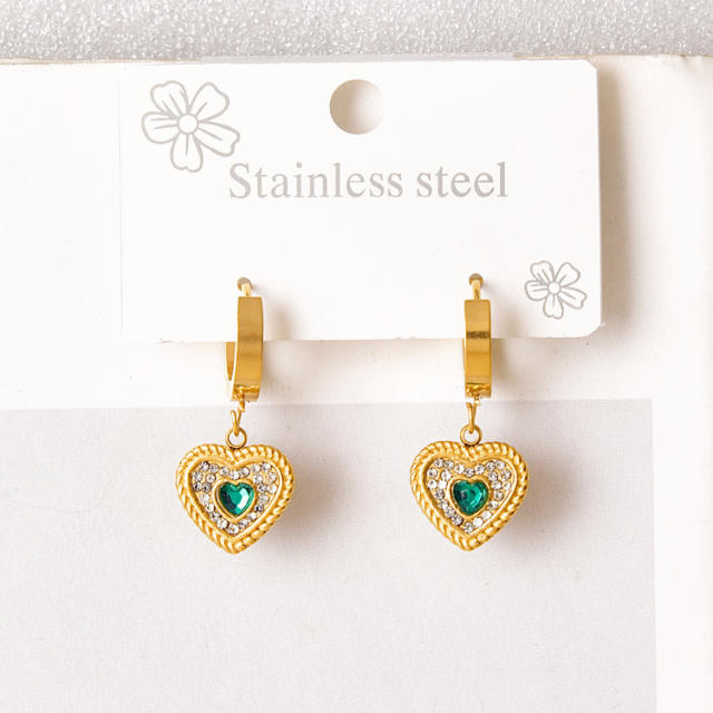 Delicate green cubic zircon heart pendant stainless steel necklace set